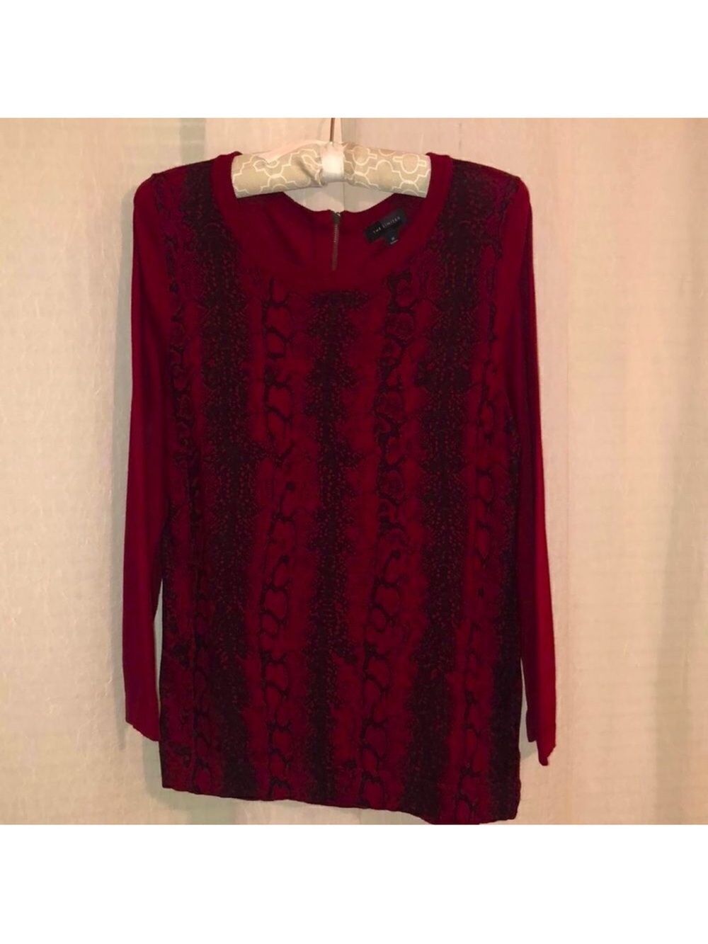 The Limited M Burgundy Black Snake Print Front Light Crewneck Sweater Back Zip